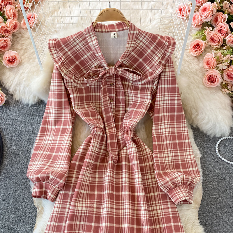 Doll neck bow tie tie mid length dress  3008