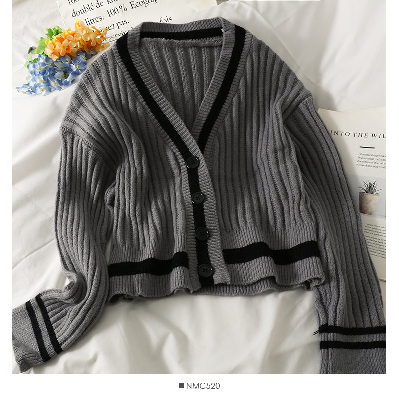 Korean Vintage color blocking vertical stripe loose thin sweater  1950