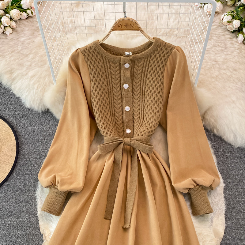 Crew neck twist knit stitched dress  3267