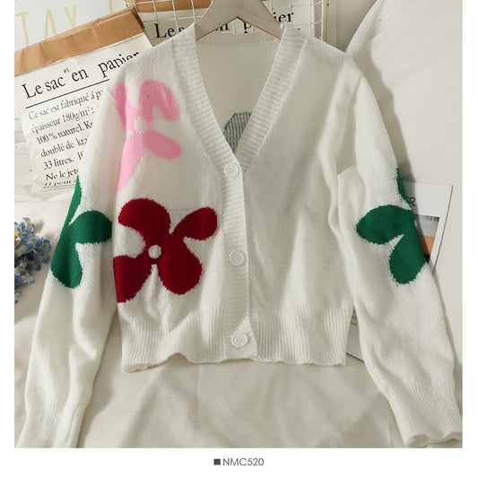 Slim low neck single breasted printed sweater women's new long sleeve versatile cardigan sweater  2082