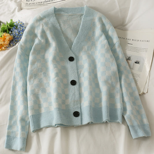 Single breasted cardigan plaid sweater women's sweater  1789