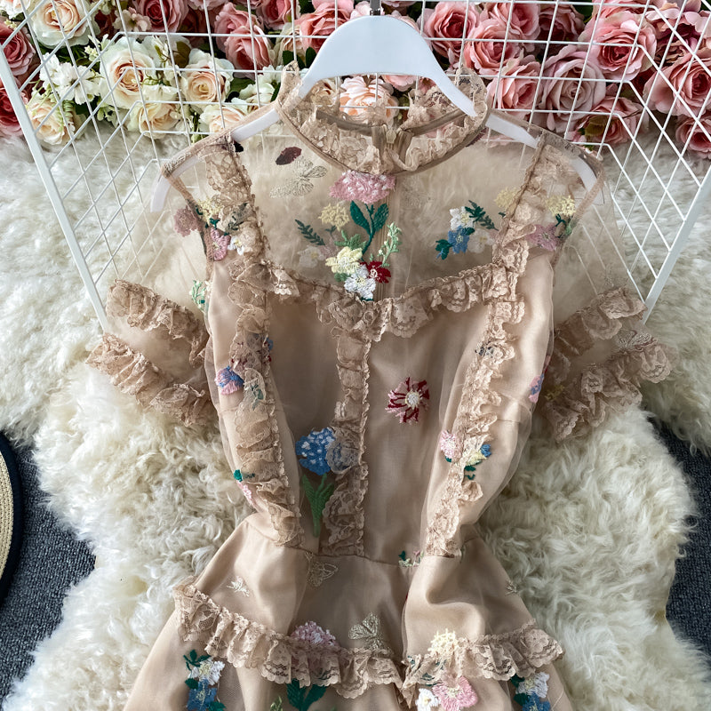 Mesh embroidery flower lace cake skirt dress  3178
