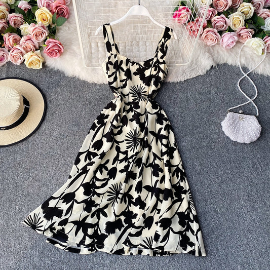 Retro French minority print square neck waist slim suspender dress  3138