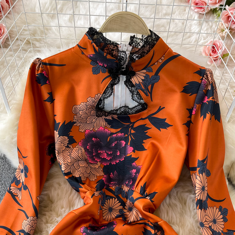 Split cheongsam lace stitched stand collar dress  3244