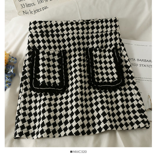 Korean retro color blocking Plaid high waist slim and versatile A-line skirt  2629