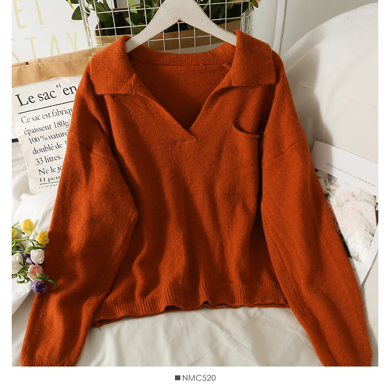Sweet wind candy color Lapel slim fit Pullover knit  1848