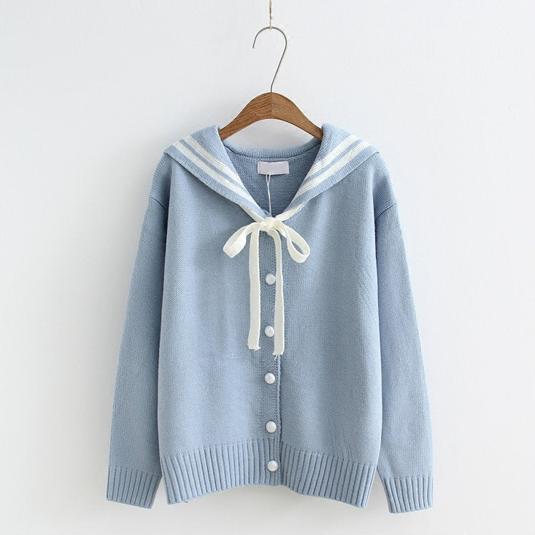 Navy collar long sleeve sweater, student tie bow knit cardigan  1414