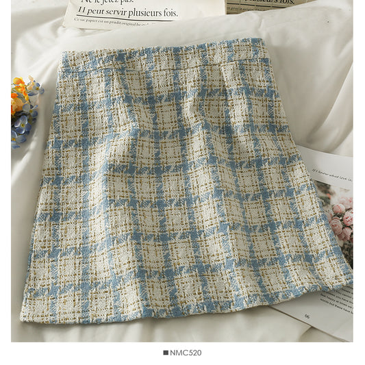 Hong Kong style retro tweed high waist A-shaped skirt for women  2548