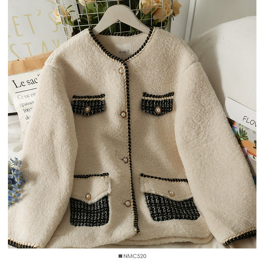 Seasonal bright silk trimmed lamb wool loose coat  2112