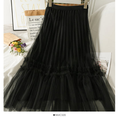 Women's medium length high waist gauze skirt with stitching  2566