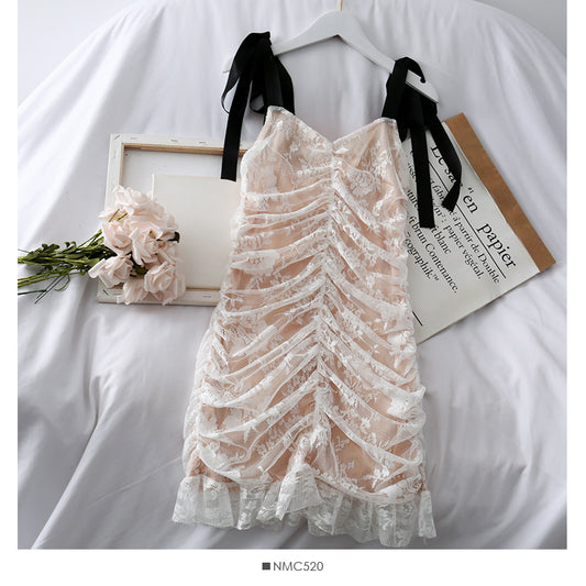 French lace stitched double layer backless suspender dress for women  2696