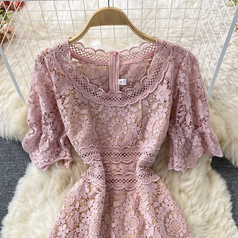 High waist slim water soluble hollow lace fishtail dress  2985