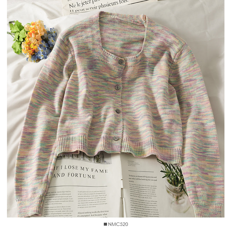 Elegant color striped square neck short slim sweater for women  1870