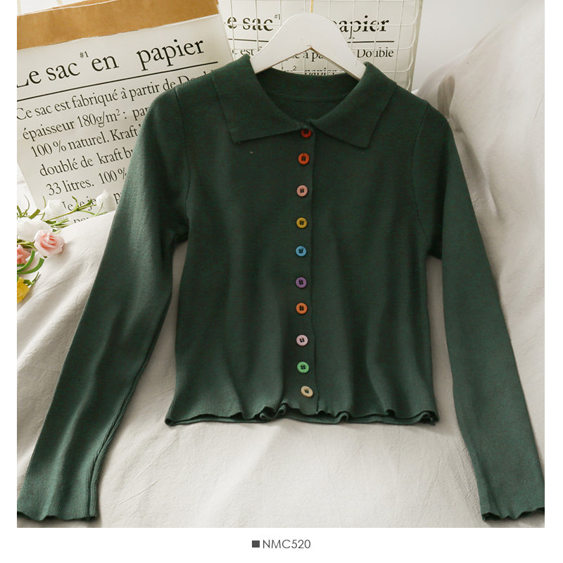 Sweet wind color single breasted Polo neck slim fit sweater  1907