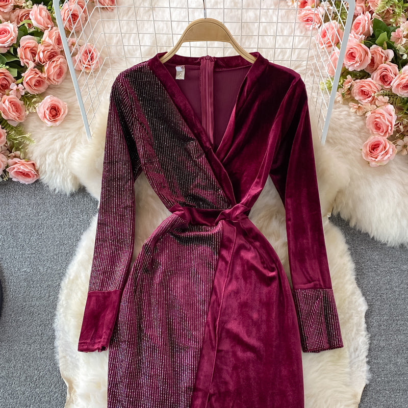 Hot drill velvet dress long skirt waist closing slim cut Hip Wrap Dress  3235
