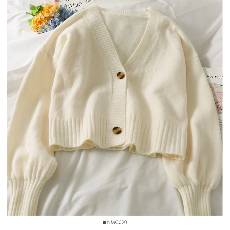 Sweater female small short two button long sleeve sweater  1880