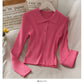 Korean solid color versatile breasted Lapel tight knit women's shirt  1842