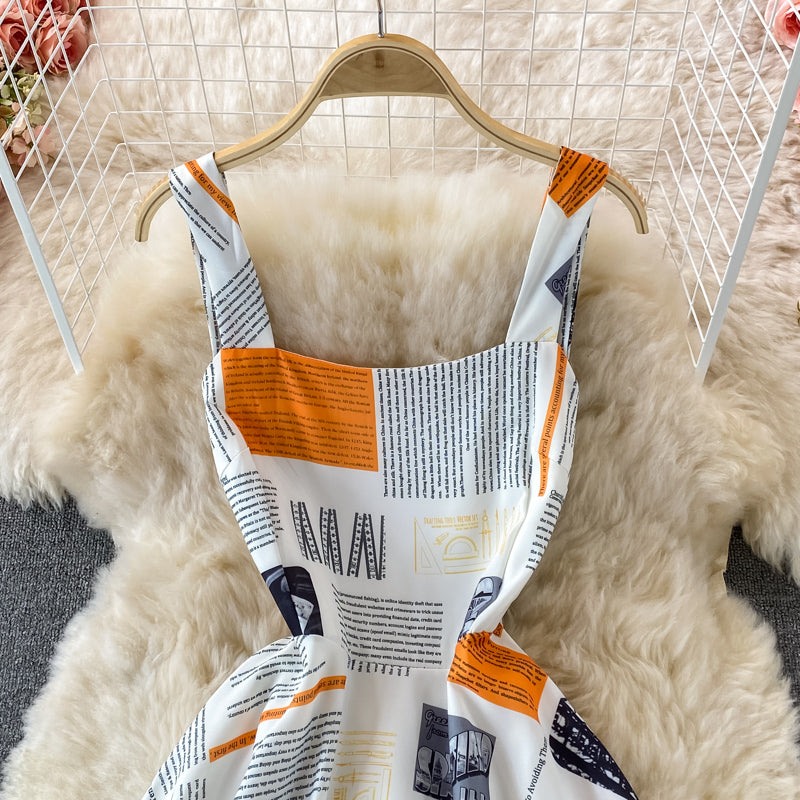 Robe trapèze ample à imprimé lettre de tempérament slim sans manches 2900