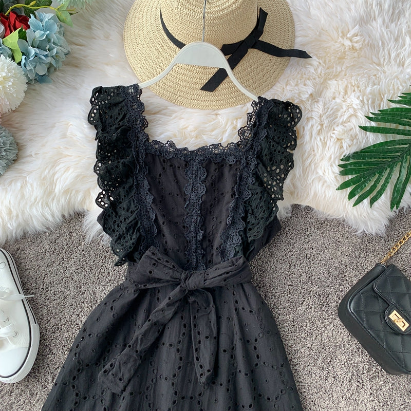 Vintage Lace square neck waist slim dress  2827