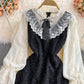 Sweet aging lace stitching stand collar Ruffle tweed dress  2919