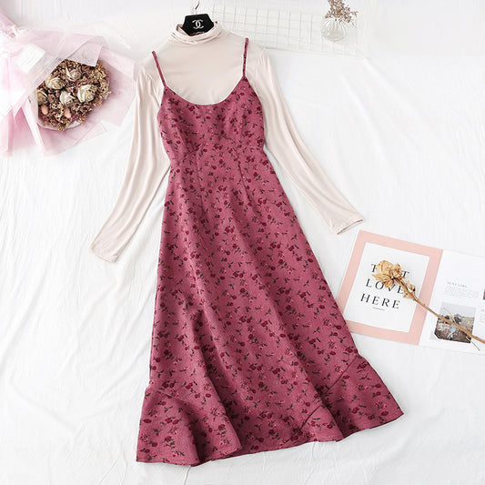 Two piece set of high necked bottom shirt + suspender floral skirt  2365