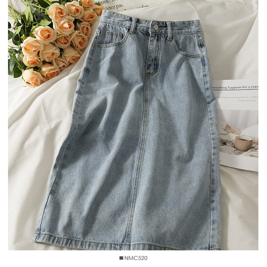 Han Fan simple and versatile solid medium length denim skirt  2534