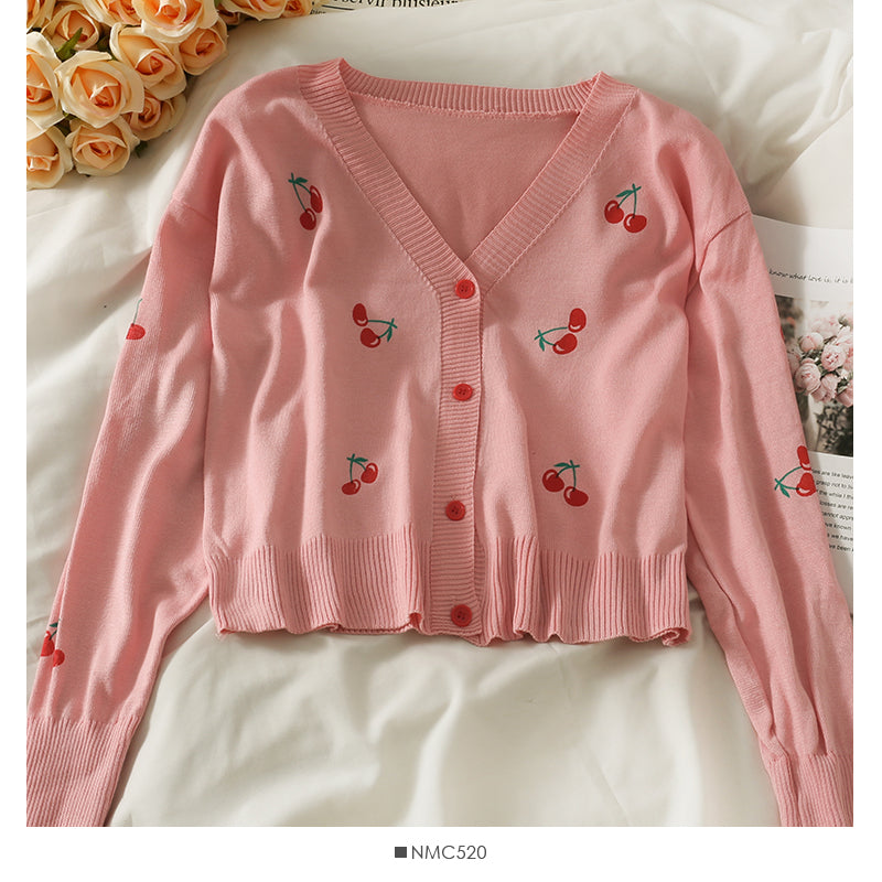 Small fresh cherry print V-neck single breasted slim cardigan sweater  1826