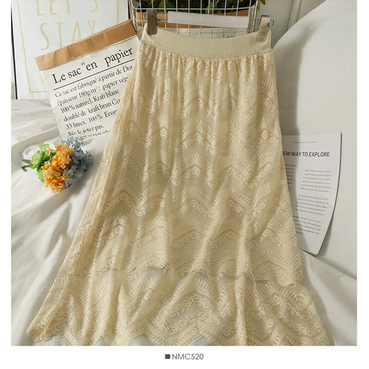 Hong Kong style retro elastic waist thin medium length skirt  2649