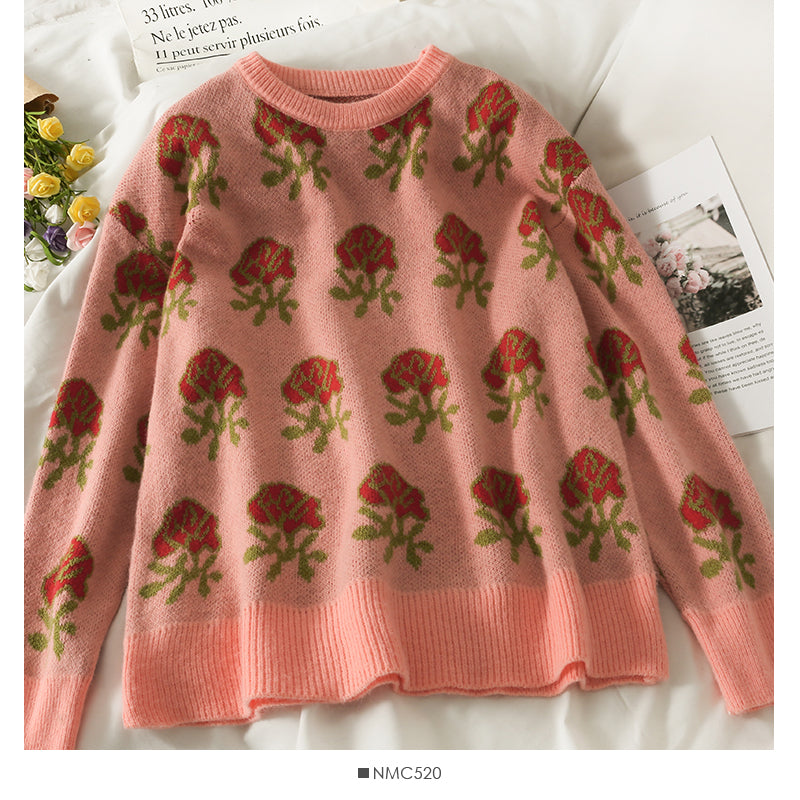 Hong Kong Style Vintage printed loose slim Pullover Sweater  1958
