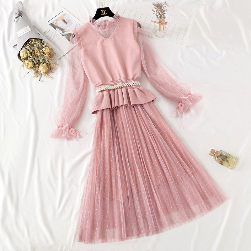 Knee Skirt vest suit two piece set super sweet  2289