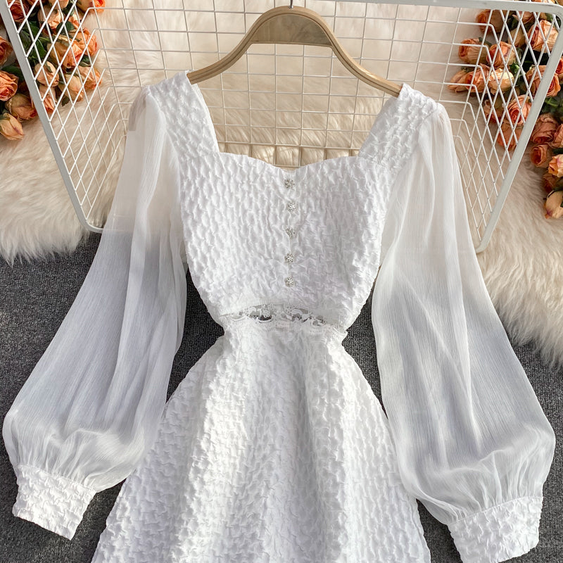 Waistband square neck Jacquard Dress Lantern Sleeve fairy A-line skirt  3238