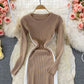 Round neck long sleeve split medium long stretch tight knit dress  3381