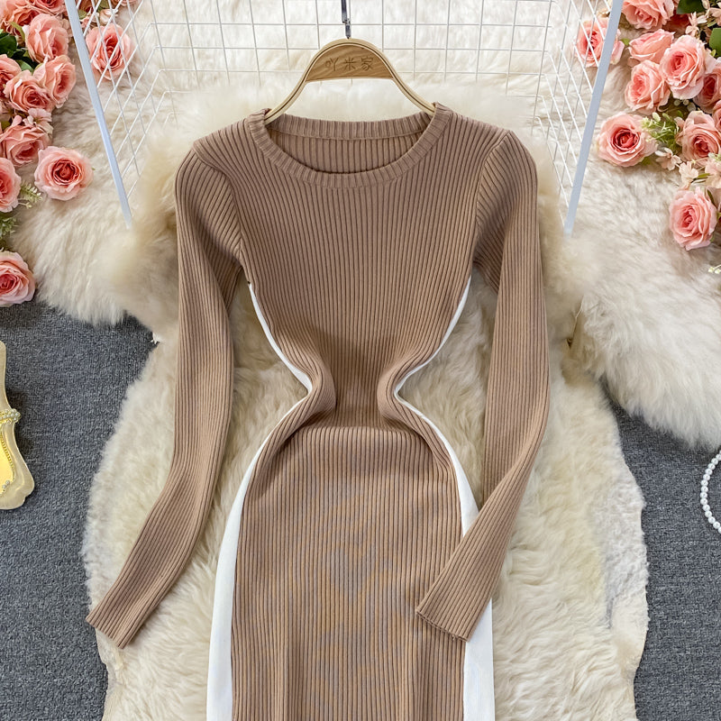 Round neck long sleeve split medium long stretch tight knit dress  3381