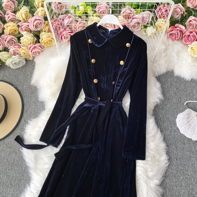 Doll Lapel gold button slim dress big swing velvet dress  3281