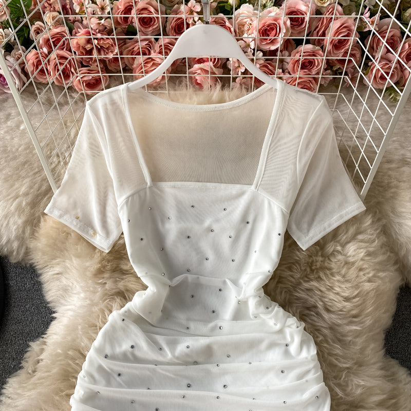 Sexy square neck slim slim fit mesh hot drill pleated Hip Wrap Dress  3172