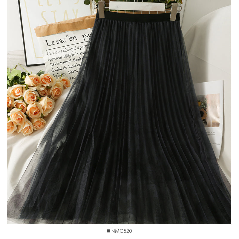 Printed high waist thin mesh pleated skirt  2609