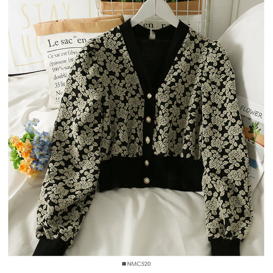 Printed single breasted sweater women's V-neck slim long sleeved sweater  1877