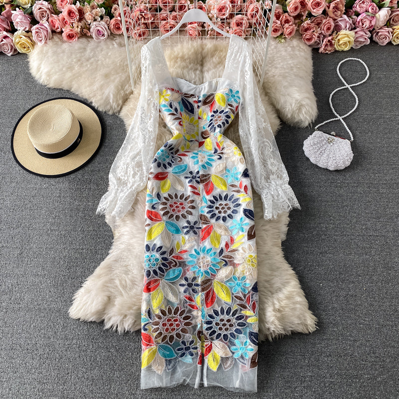 Slim temperament square neck lace embroidered split dress  3418