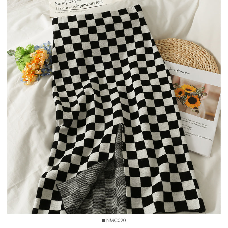 Korean Plaid elastic waist thin split knit one-step skirt  2526