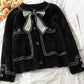 Bowtie single breasted loose sweater, patchwork striped long sleeve sweater  1444