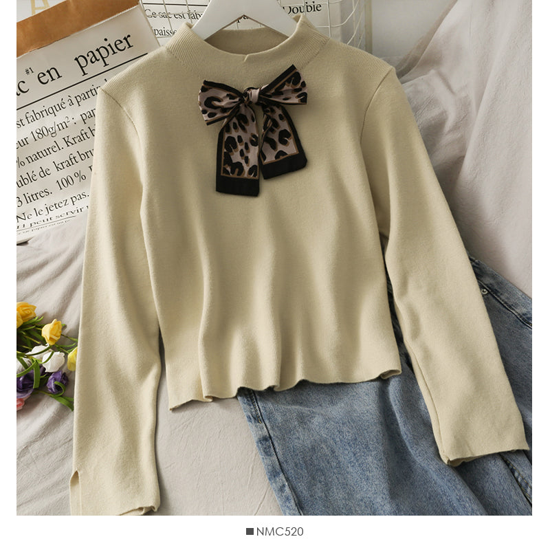 Korean leopard bow half high neck solid color sweater for women  1935