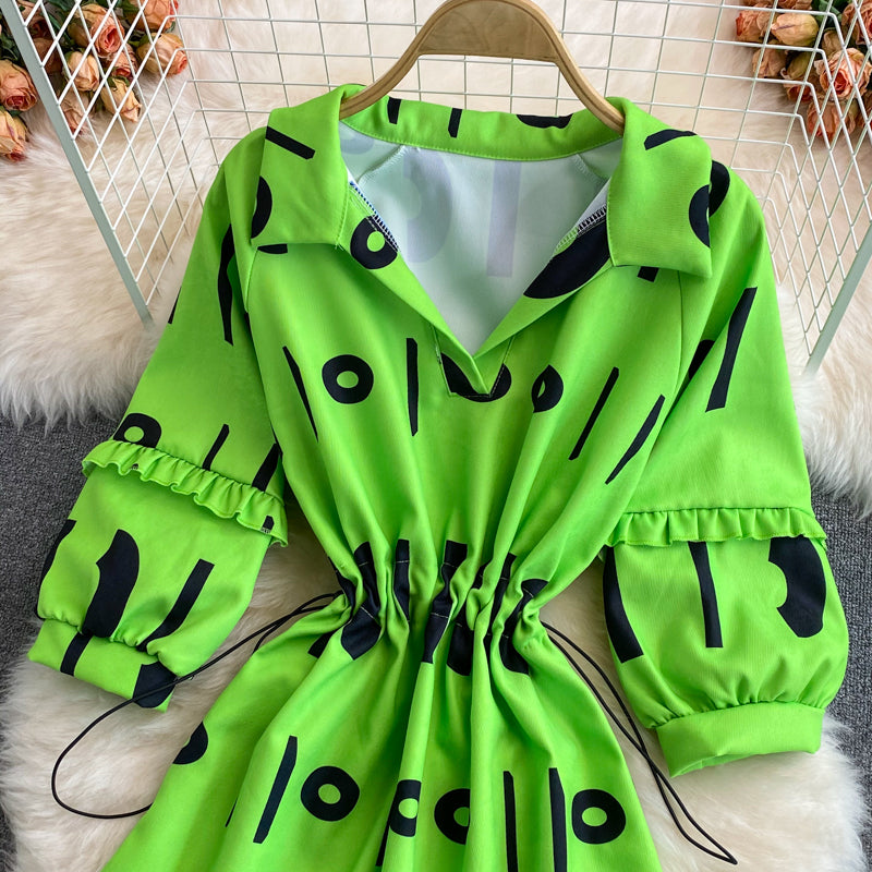 V-neck lettered print dress gentle wind waist sweater skirt  3113