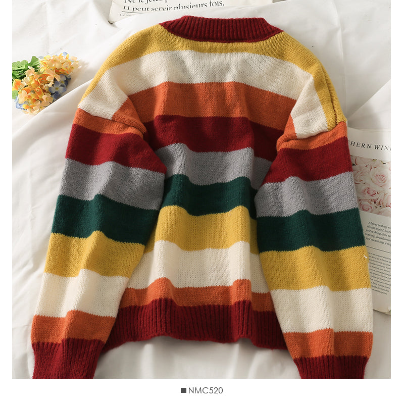 Elegant contrast color stitching stripe loose thin cardigan sweater  1980