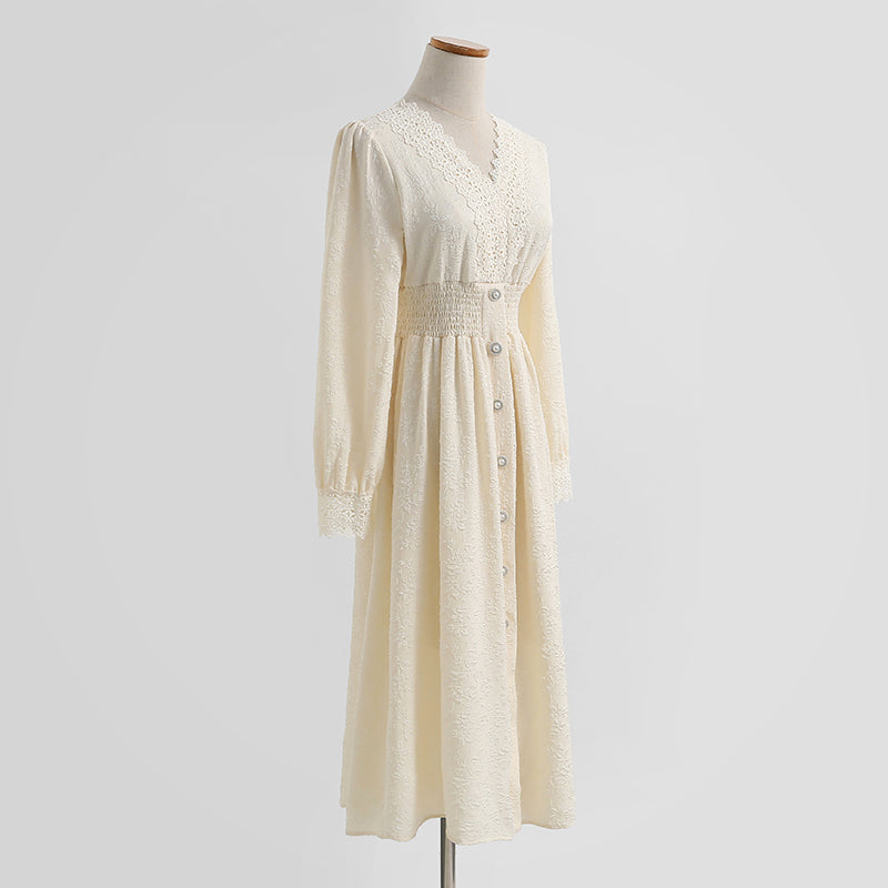 Kleid langärmliger Feenrock aus Spitze mit französischem V-Ausschnitt 2283