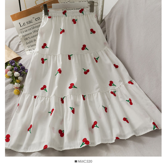 Sweet wind strawberry embroidery stitched medium length skirt  2584
