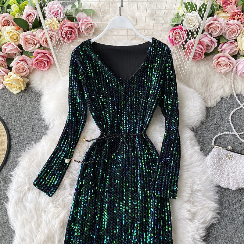 Robe à sequins à col en V et manches longues avec fermeture à la taille pour femme, jupe longue de tempérament 3139