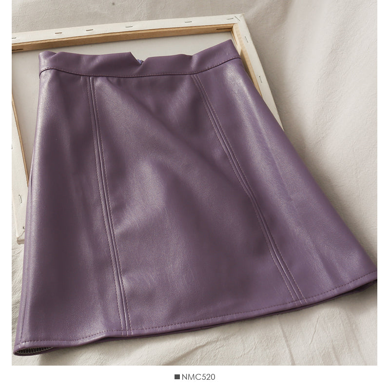 Retro and versatile solid color high waist thin A-shaped small leather skirt  2542