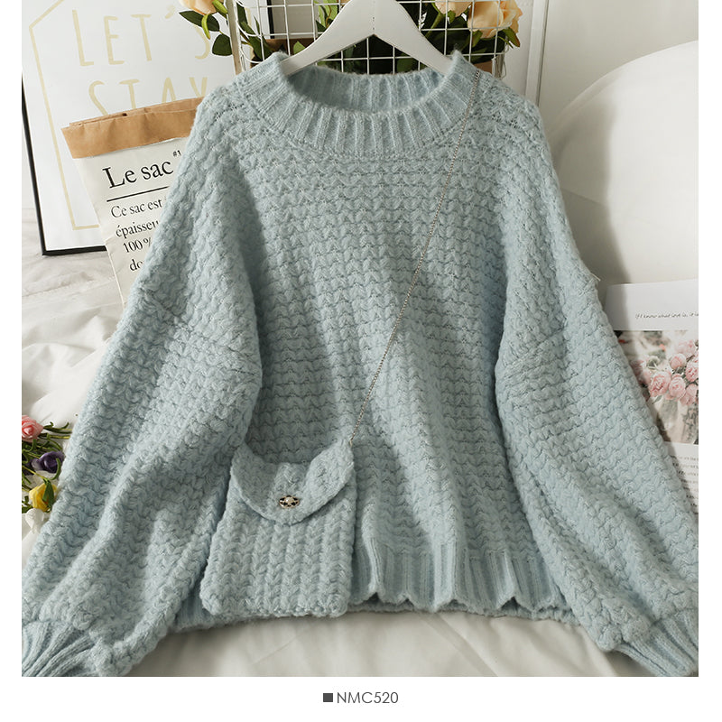 Sweater women's Pullover Top Long Sleeve versatile wear outside knitting with bag  1889