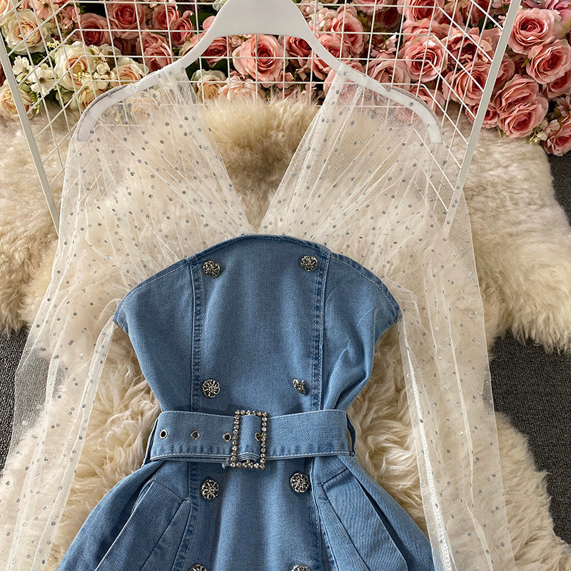 Schmales A-Linien-Jeansrockkleid mit Mesh-Nähten 3438