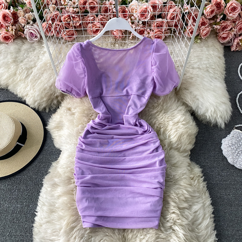 Robe plissée en maille à manches bouffantes et col carré français 2787